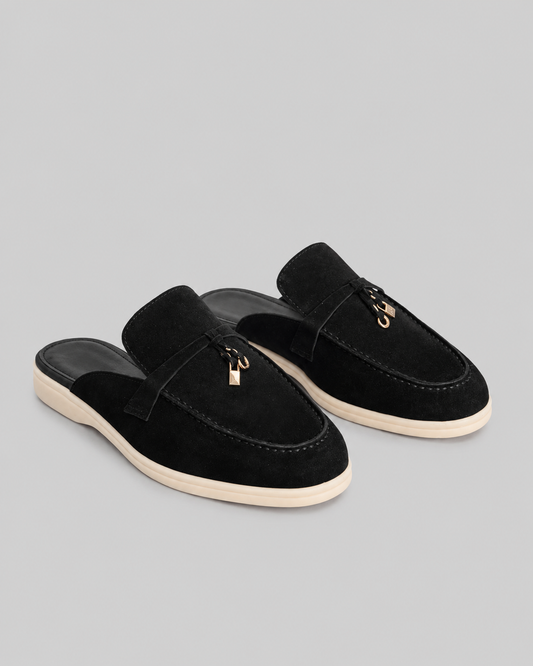 Suede Loafers | Women | Metal Charm | Black | Contrast Sole | Steven & Levon