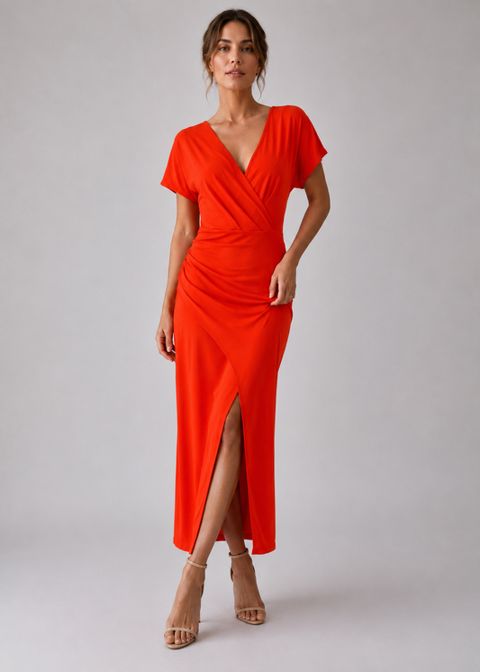 Formal Summer Maxi Dress | Women | Wrap V-Neck Side Slit Short Sleeve | Steven & Levon