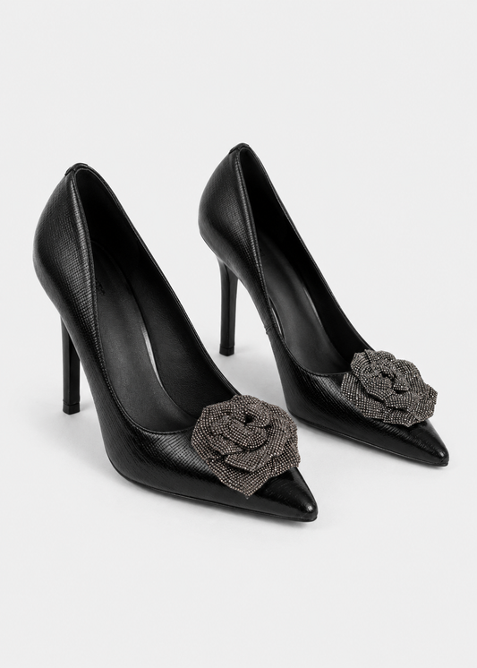 Rose Detail Pointed Toe Pumps | Women | Black | Embellished | Steven & Levon