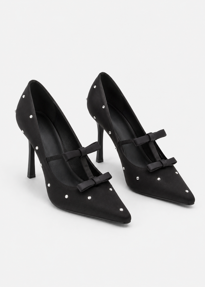 Bow Pointed Toe Pumps | Women | Crystal Studs | Black | Steven & Levon