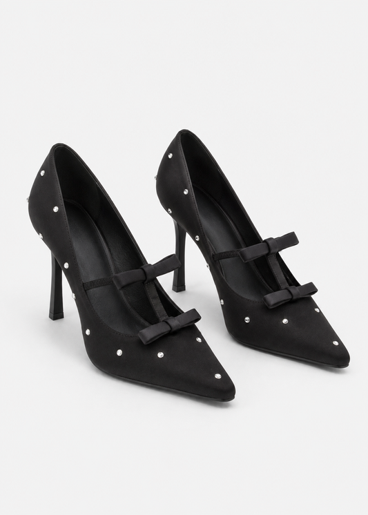 Bow Pointed Toe Pumps | Women | Crystal Studs | Black | Steven & Levon