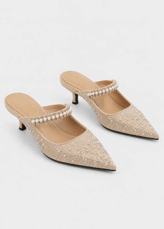 Pointed Toe Sandals | Women | Pearl & Crystal Detail | Beige | Steven & Levon