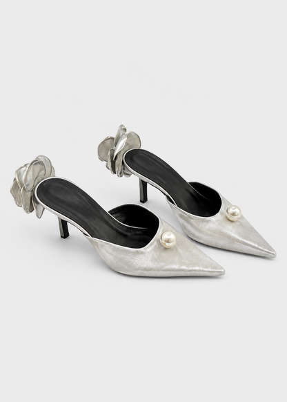 Satin Sandals | Women | Pearl & Flower Detail | Silver | Steven & Levon