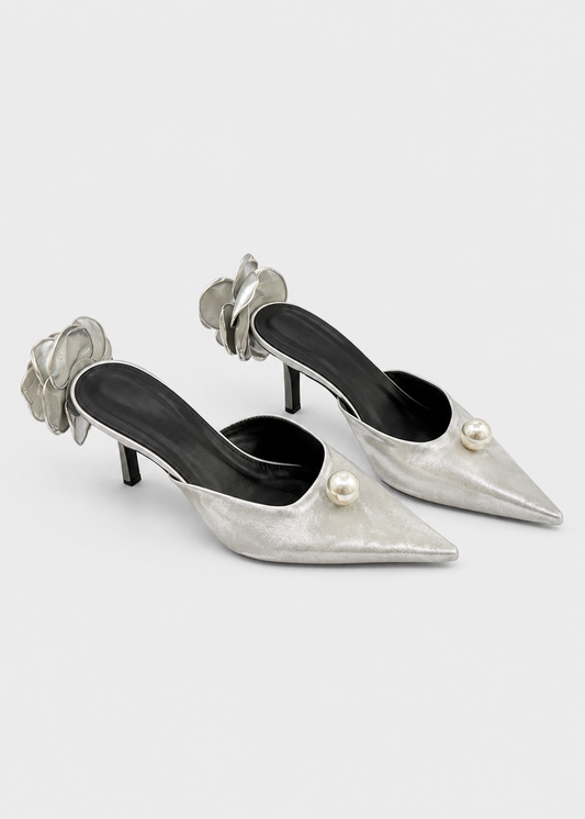 Satin Sandals | Women | Pearl & Flower Detail | Silver | Steven & Levon