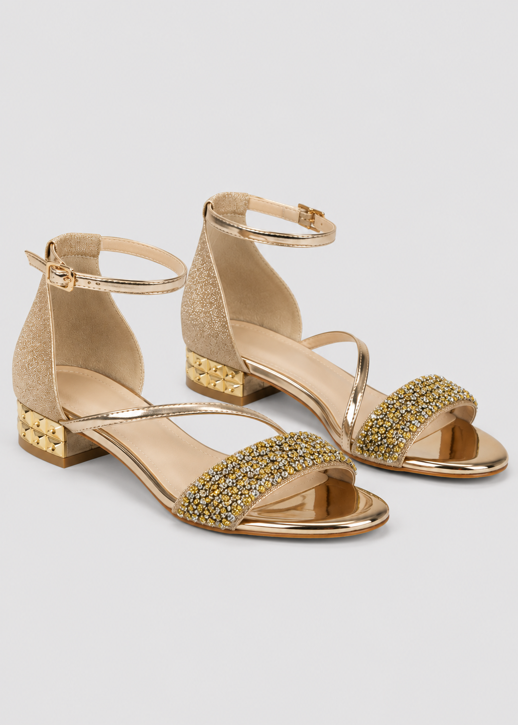 Elegant Glitter Ankle Strap Sandals | Women | Shimmer Synthetic | Low Block Heel Dress Shoes | Steven & Levon