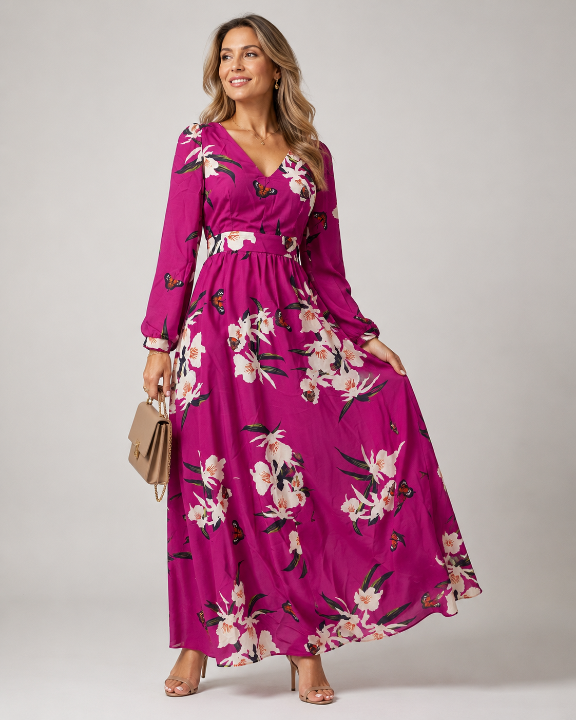 Floral Maxi Dress | Long Sleeve V-Neck | Flowy Wedding Guest Dress | Steven & Levon
