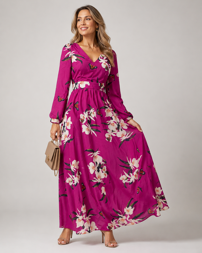 Floral Maxi Dress | Long Sleeve V-Neck | Flowy Wedding Guest Dress | Steven & Levon