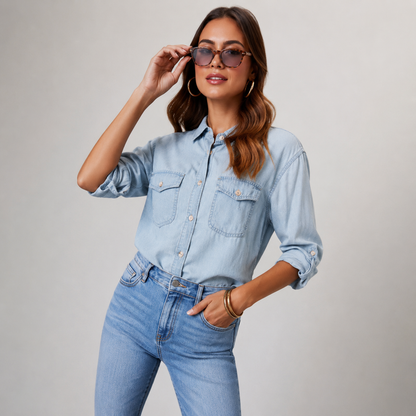 Women's Denim Blend Blouse Shirt | Denim Blouse Shirt | Sleeveless Collared Layering Top | Navy Blue | Steven & Levon