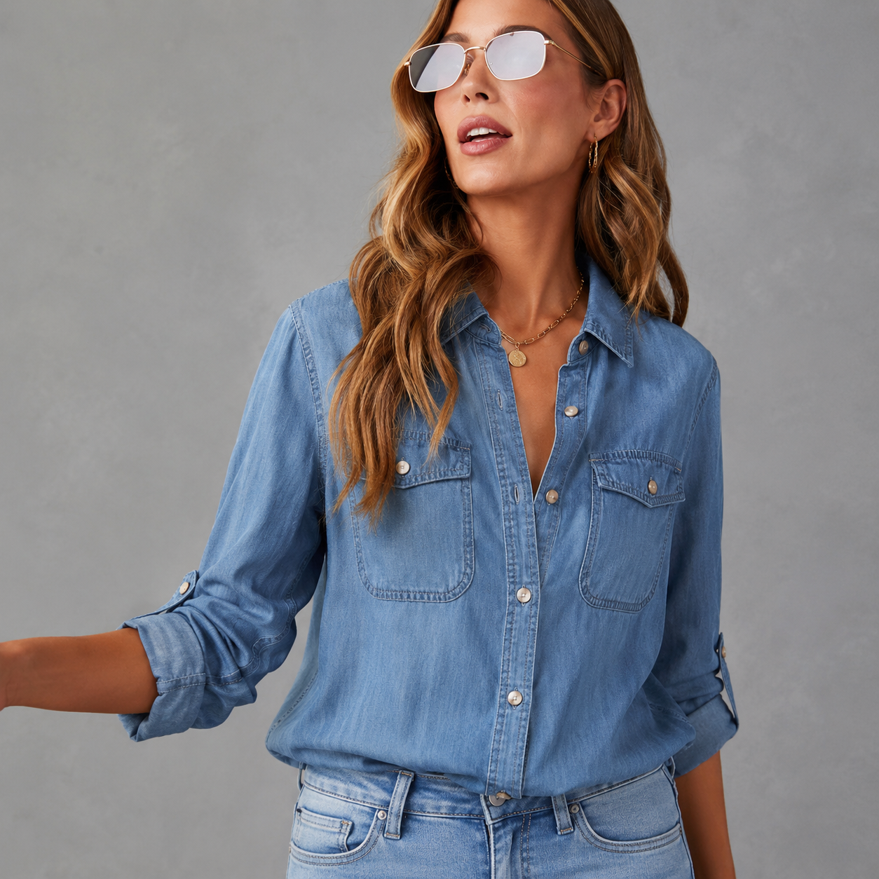 Women's Denim Blend Blouse Shirt | Denim Blouse Shirt | Sleeveless Collared Layering Top | Navy Blue | Steven & Levon