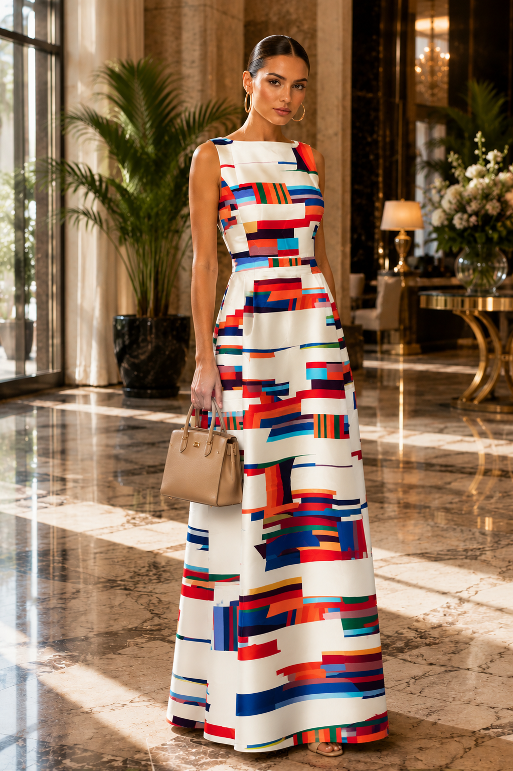 Sleeveless Geometric Maxi Dress | Women | Sleeveless Flowy Summer Evening Dress | Steven & Levon