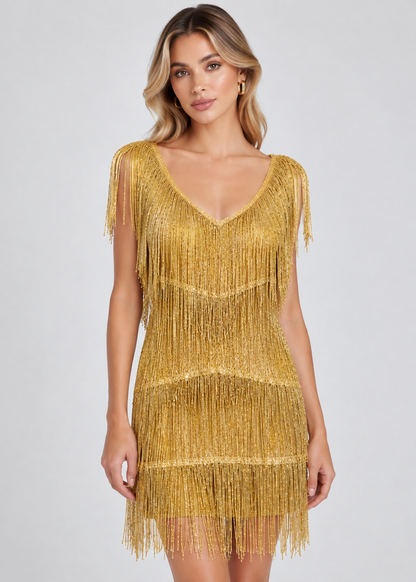 Party Mini Dress | Women’s Fringe Detail V Neck Mini Dress | Party Evening Wear | Steven & Levon
