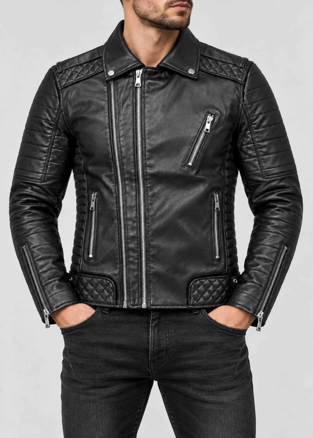Men's Luxe Leather Jacket | Men | PU Leather | Slim Fit Stand Collar Zip Front | Steven & Levon