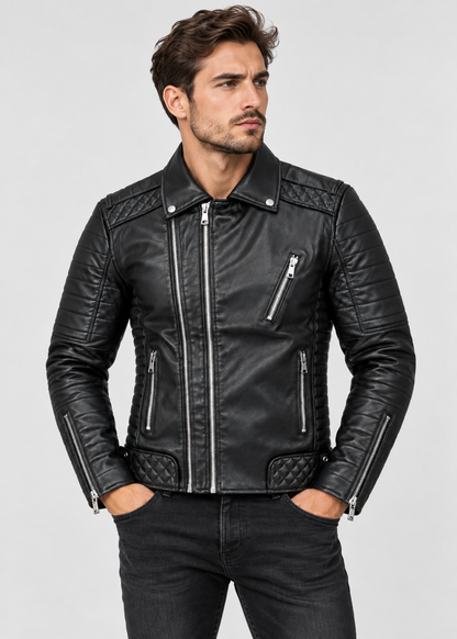 Men's Luxe Leather Jacket | Men | PU Leather | Slim Fit Stand Collar Zip Front | Steven & Levon