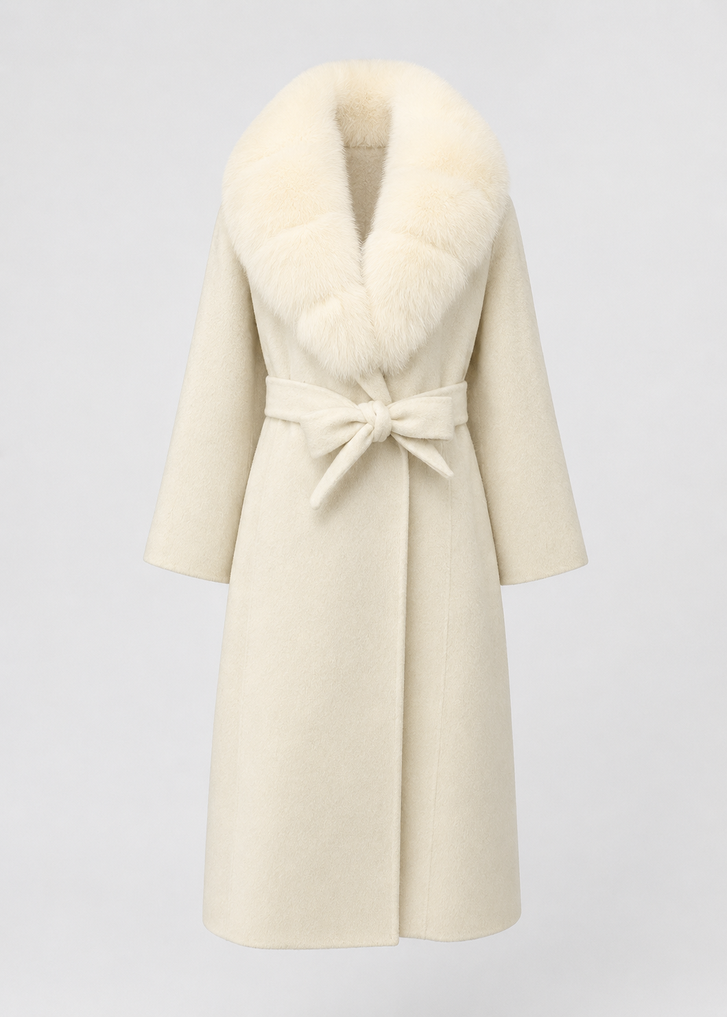 Women's Wool Wrap Coat | Faux Fox Fur Collar | Tie Belt | Ivory Winter Coat | Steven & Levon