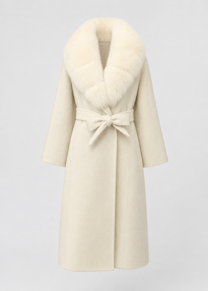 Women's Wool Wrap Coat | Faux Fox Fur Collar | Tie Belt | Ivory Winter Coat | Steven & Levon
