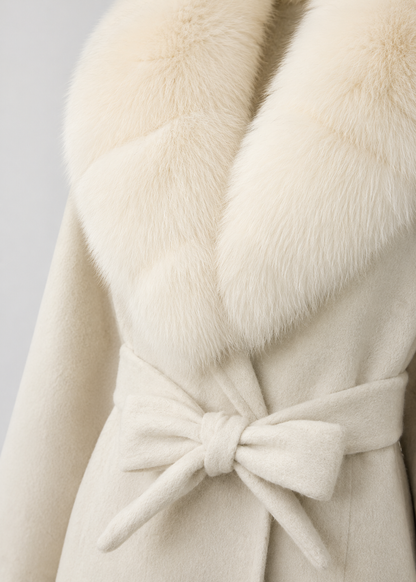 Women's Wool Wrap Coat | Faux Fox Fur Collar | Tie Belt | Ivory Winter Coat | Steven & Levon