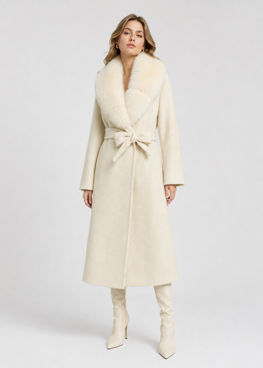 Women's Wool Wrap Coat | Faux Fox Fur Collar | Tie Belt | Ivory Winter Coat | Steven & Levon