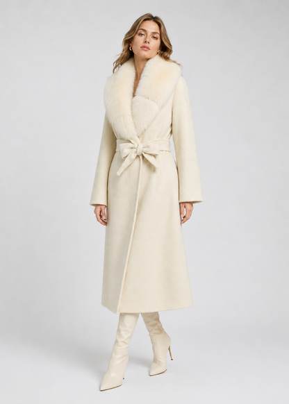 Women's Wool Wrap Coat | Faux Fox Fur Collar | Tie Belt | Ivory Winter Coat | Steven & Levon