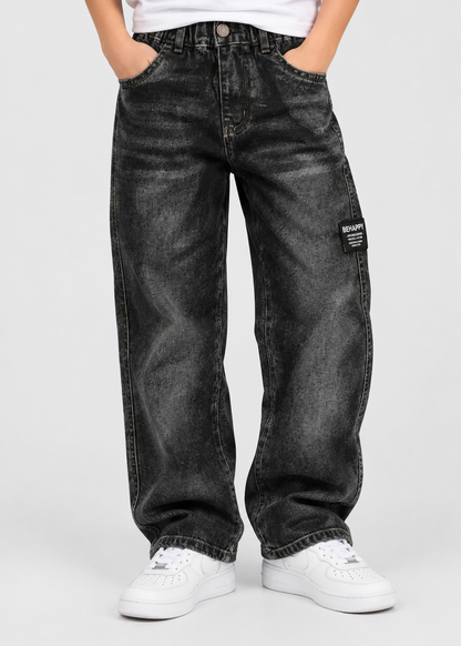 Boys Loose Fit Jeans | Kids | Straight Leg | Letter Patch | Casual Everyday Pants | Steven & Levon