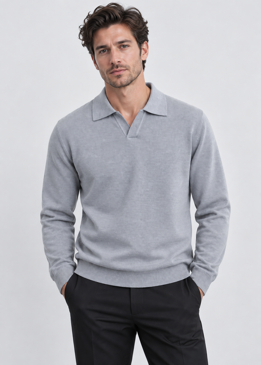 Men's Open Collar Wool Polo | Long Sleeve | Wool Blend | Smart Casual Sweater | Steven & Levon