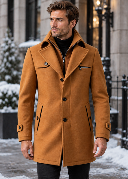 Men's Notched Collar Coat | Zip Insert | Mid-Length Smart Style | Steven & Levon