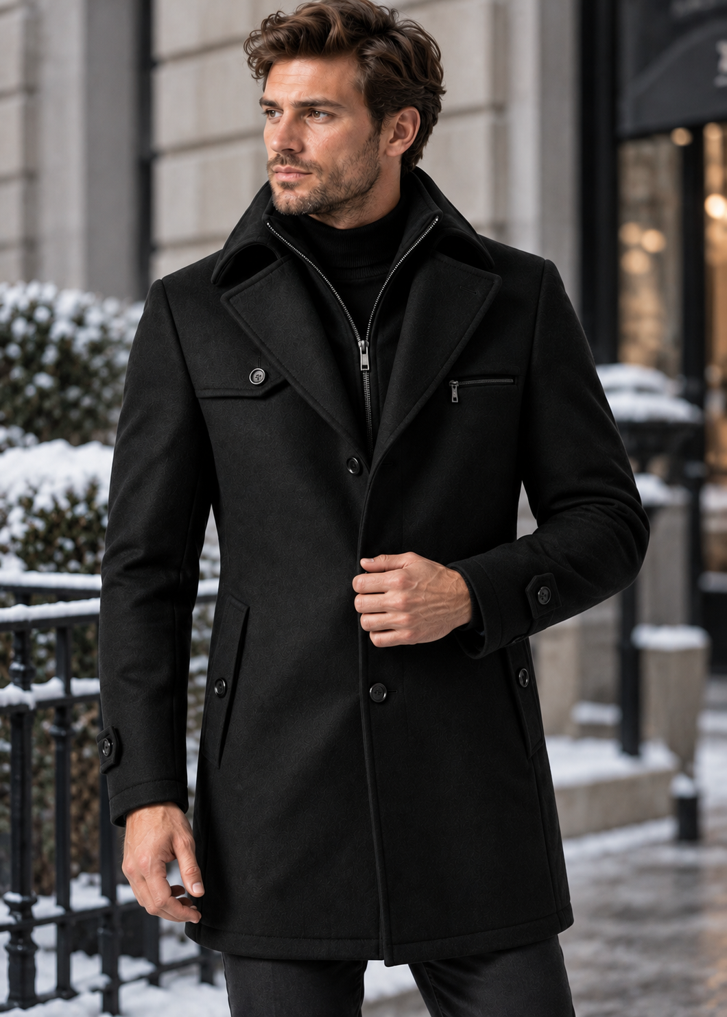 Men's Notched Collar Coat | Zip Insert | Mid-Length Smart Style | Steven & Levon