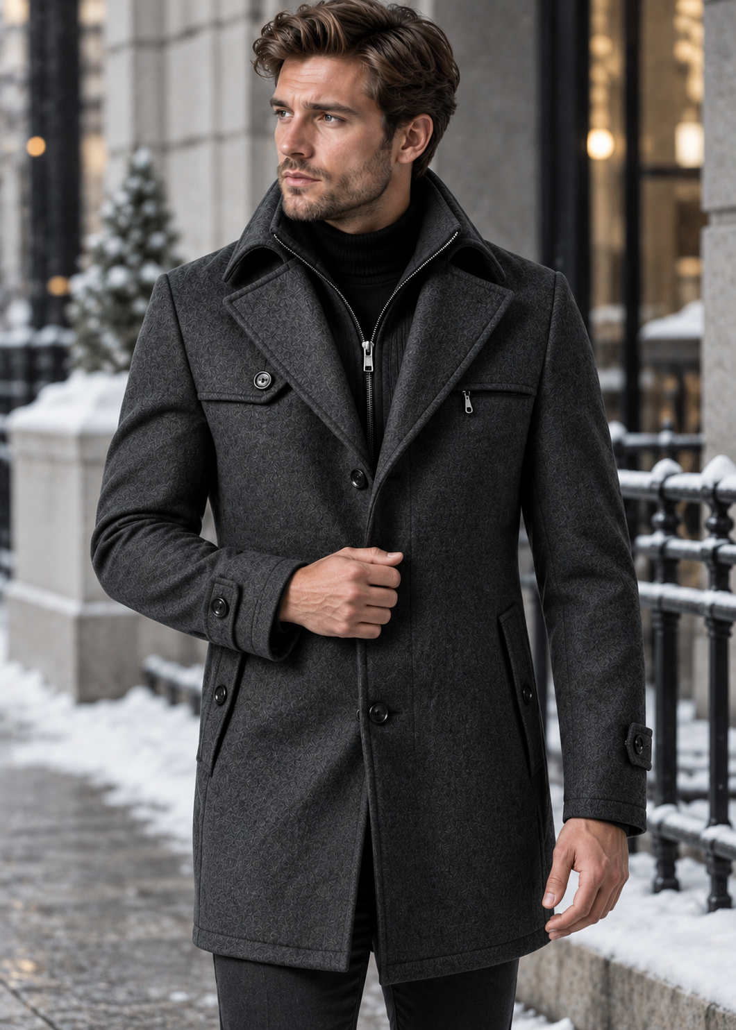 Men's Notched Collar Coat | Zip Insert | Mid-Length Smart Style | Steven & Levon