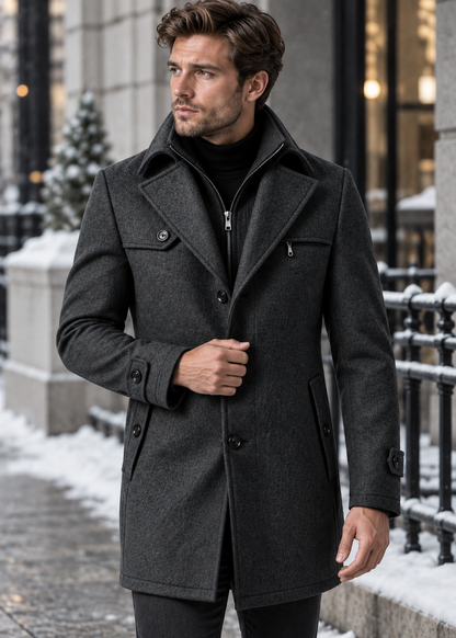 Men's Notched Collar Coat | Zip Insert | Mid-Length Smart Style | Steven & Levon