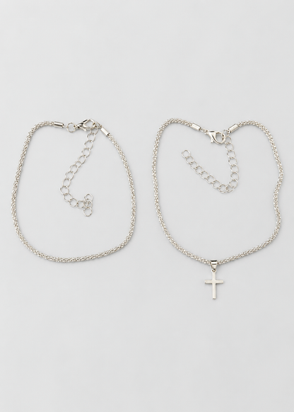 Women's Two Pieces Anklet | Silver Tone | Layered Design | Adjustable Ankle Bracelet | Steven & Levon