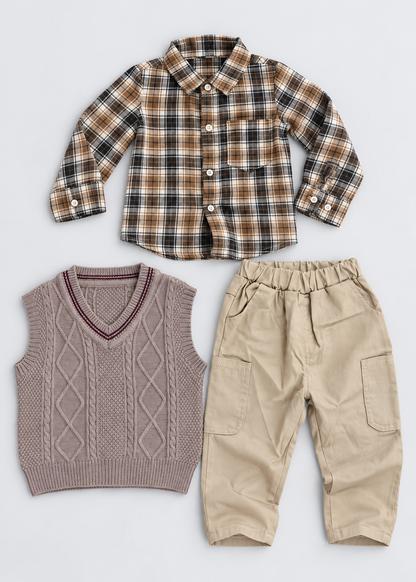 Baby Boys 3-Piece Outfit Set | Plaid Shirt | Knit Vest | Cotton Pants | Casual | Steven & Levon