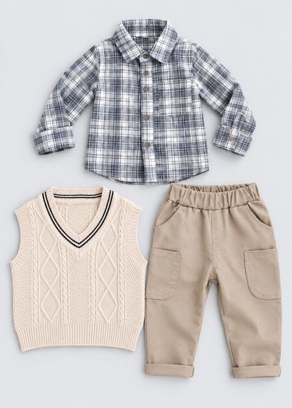 Baby Boys 3-Piece Outfit Set | Plaid Shirt | Knit Vest | Cotton Pants | Casual | Steven & Levon