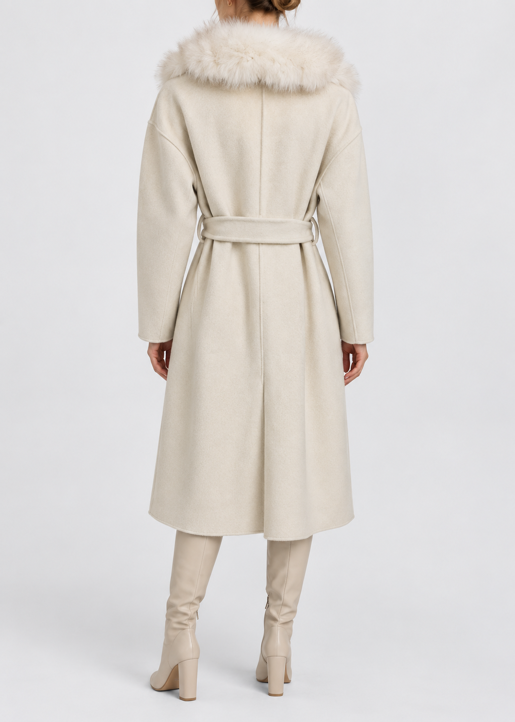 Women's Wool Wrap Coat | Faux Fox Fur Collar | Tie Belt | Ivory Winter Coat | Steven & Levon