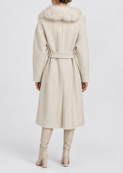 Women's Wool Wrap Coat | Faux Fox Fur Collar | Tie Belt | Ivory Winter Coat | Steven & Levon