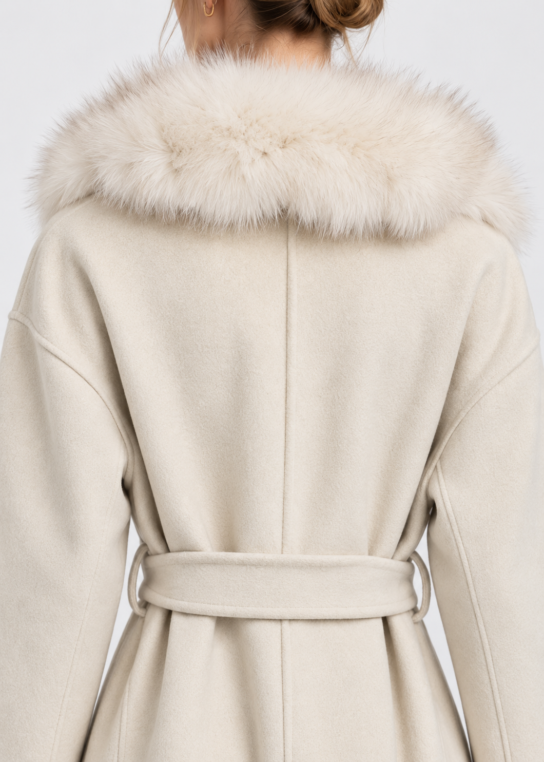 Women's Wool Wrap Coat | Faux Fox Fur Collar | Tie Belt | Ivory Winter Coat | Steven & Levon