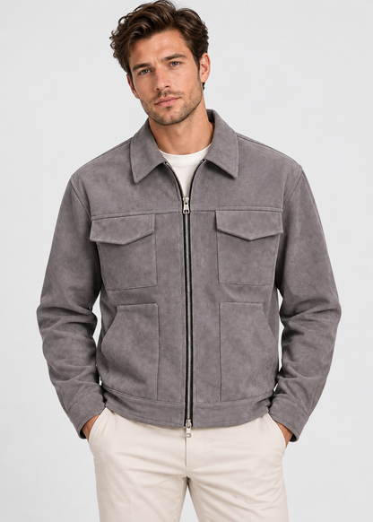 Men's Suede Utility Jacket | Loose Fit | Zip Front | Smart Casual Outerwear | Steven & Levon