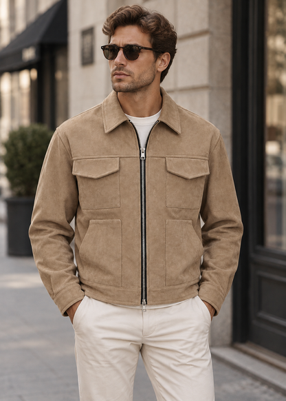 Men's Suede Utility Jacket | Loose Fit | Zip Front | Smart Casual Outerwear | Steven & Levon