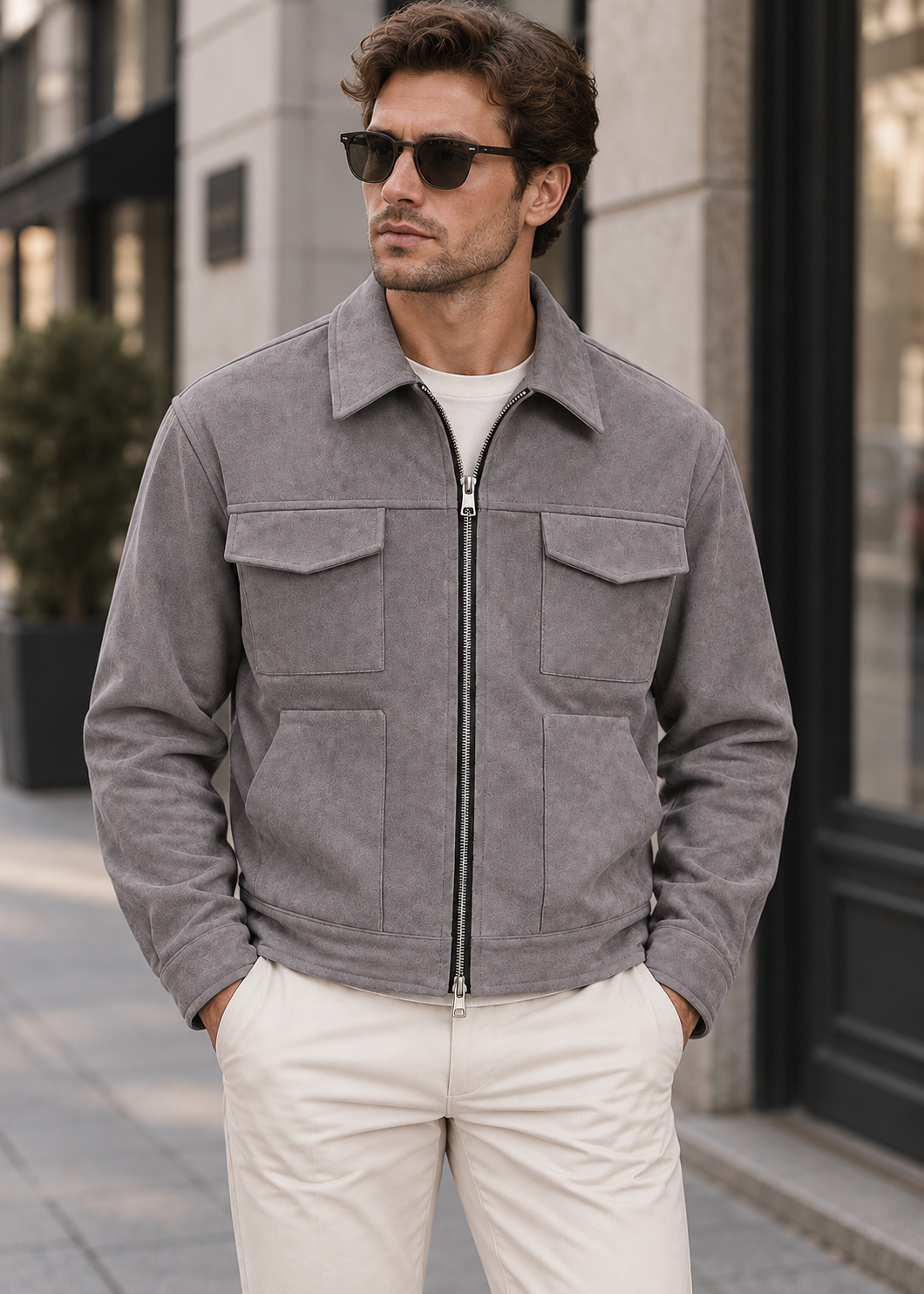 Men's Suede Utility Jacket | Loose Fit | Zip Front | Smart Casual Outerwear | Steven & Levon