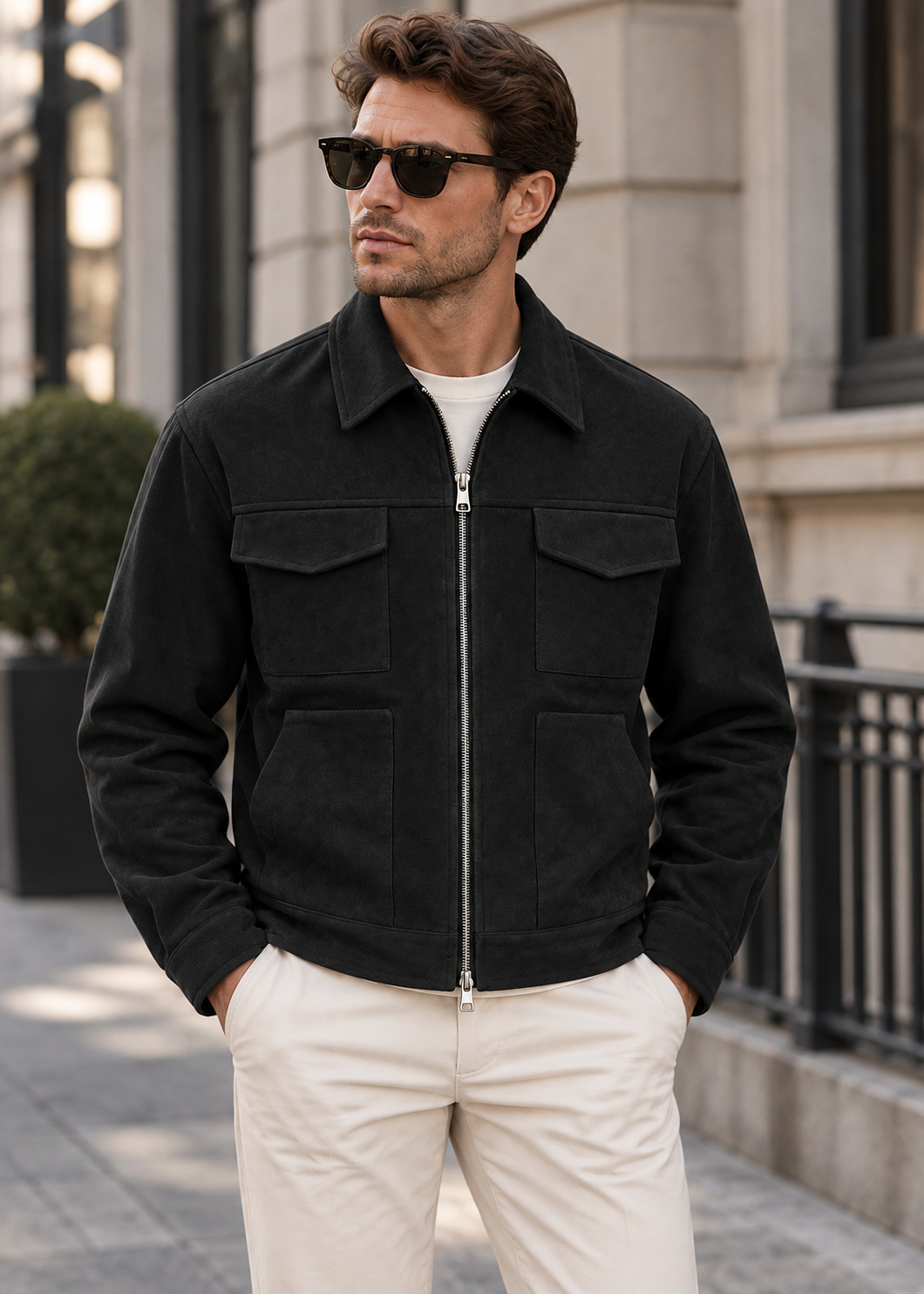 Men's Suede Utility Jacket | Loose Fit | Zip Front | Smart Casual Outerwear | Steven & Levon