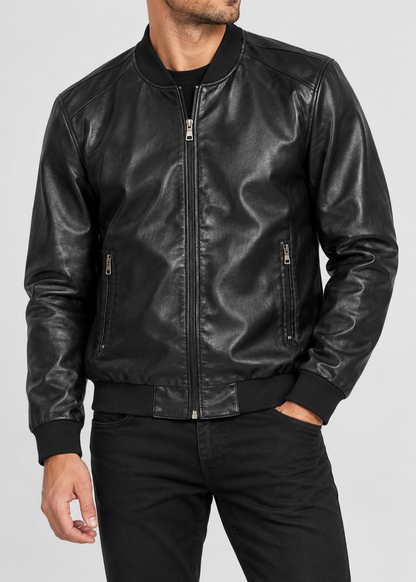 Men's Bomber Jacket | Synthetic Leather | Zip Front | Casual Outerwear | Steven & Levon