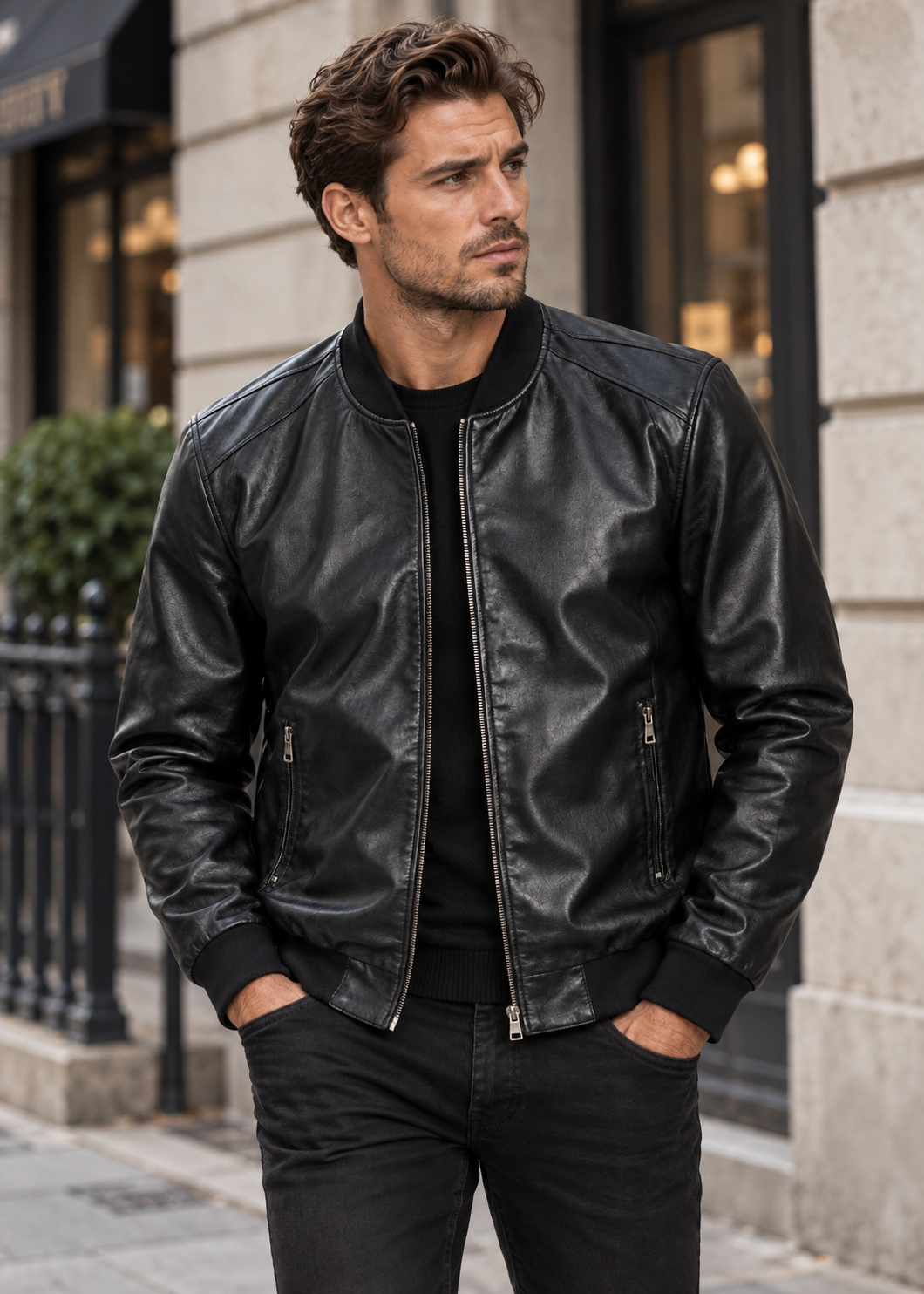 Men's Bomber Jacket | Synthetic Leather | Zip Front | Casual Outerwear | Steven & Levon