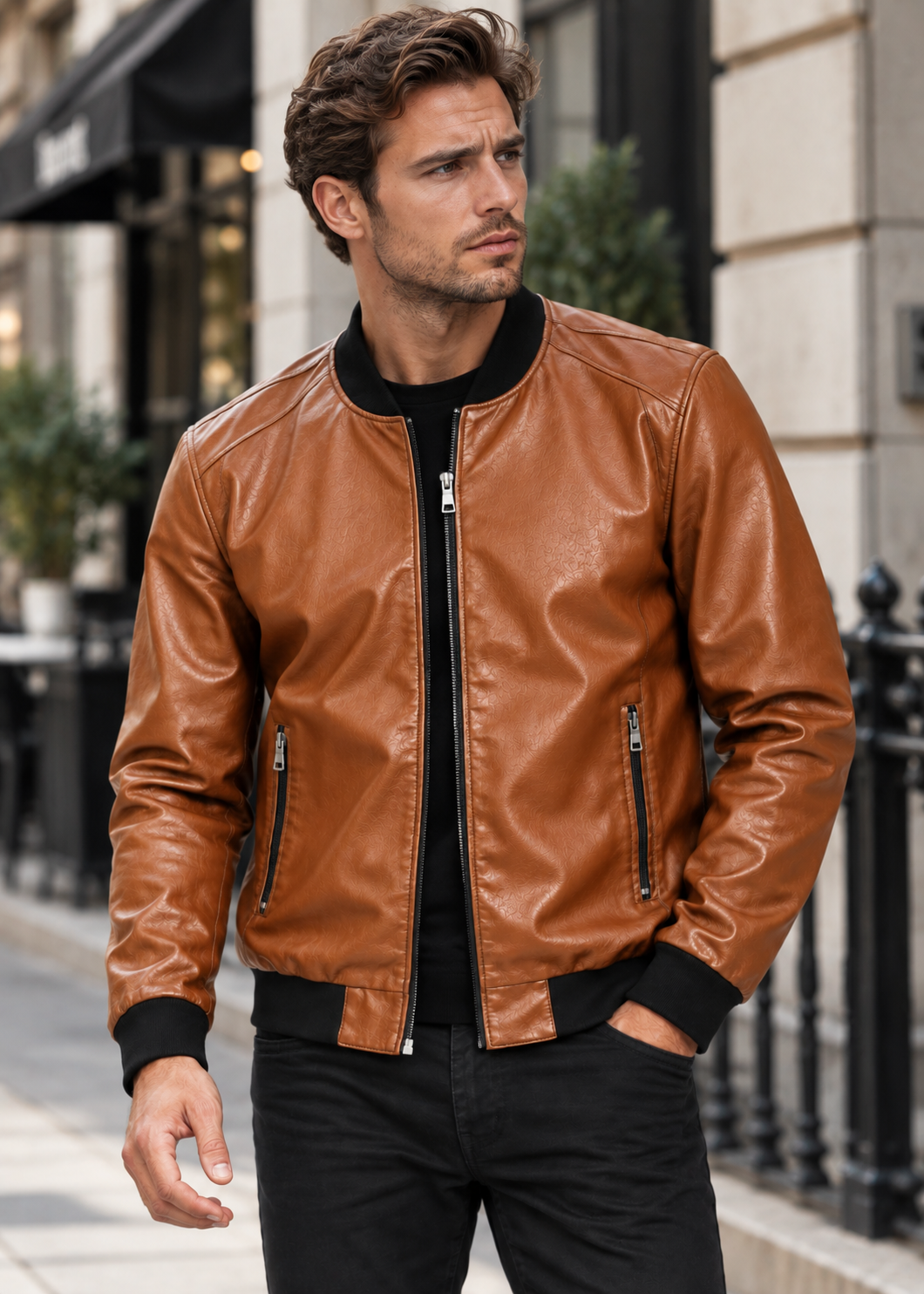 Men's Bomber Jacket | Synthetic Leather | Zip Front | Casual Outerwear | Steven & Levon