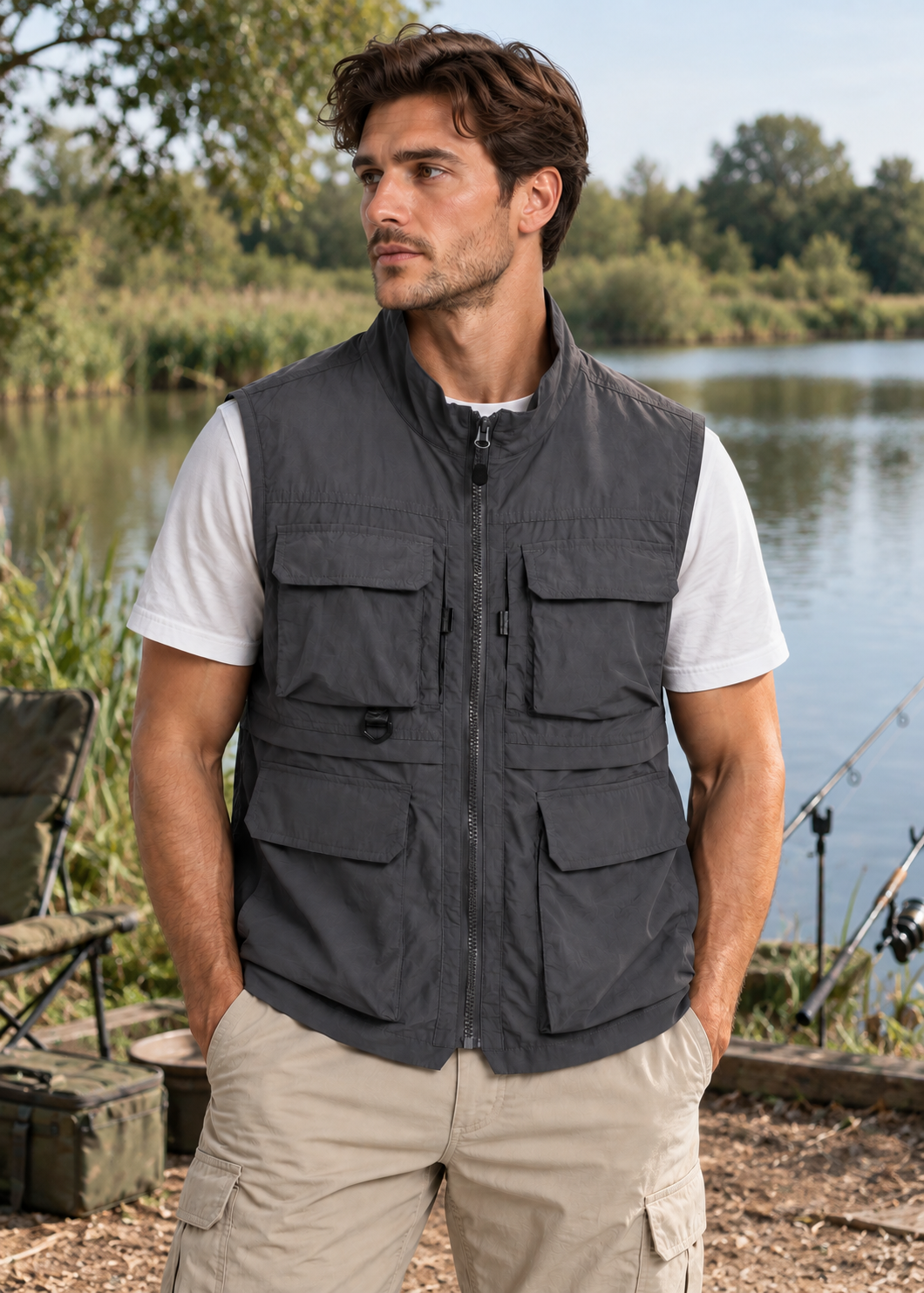 Men's Multi-Pocket Utility Gilet Vest | Lightweight | Zip Front | Outdoor Fishing Workwear | Steven & Levon
