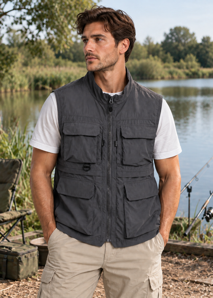 Men's Multi-Pocket Utility Gilet Vest | Lightweight | Zip Front | Outdoor Fishing Workwear | Steven & Levon