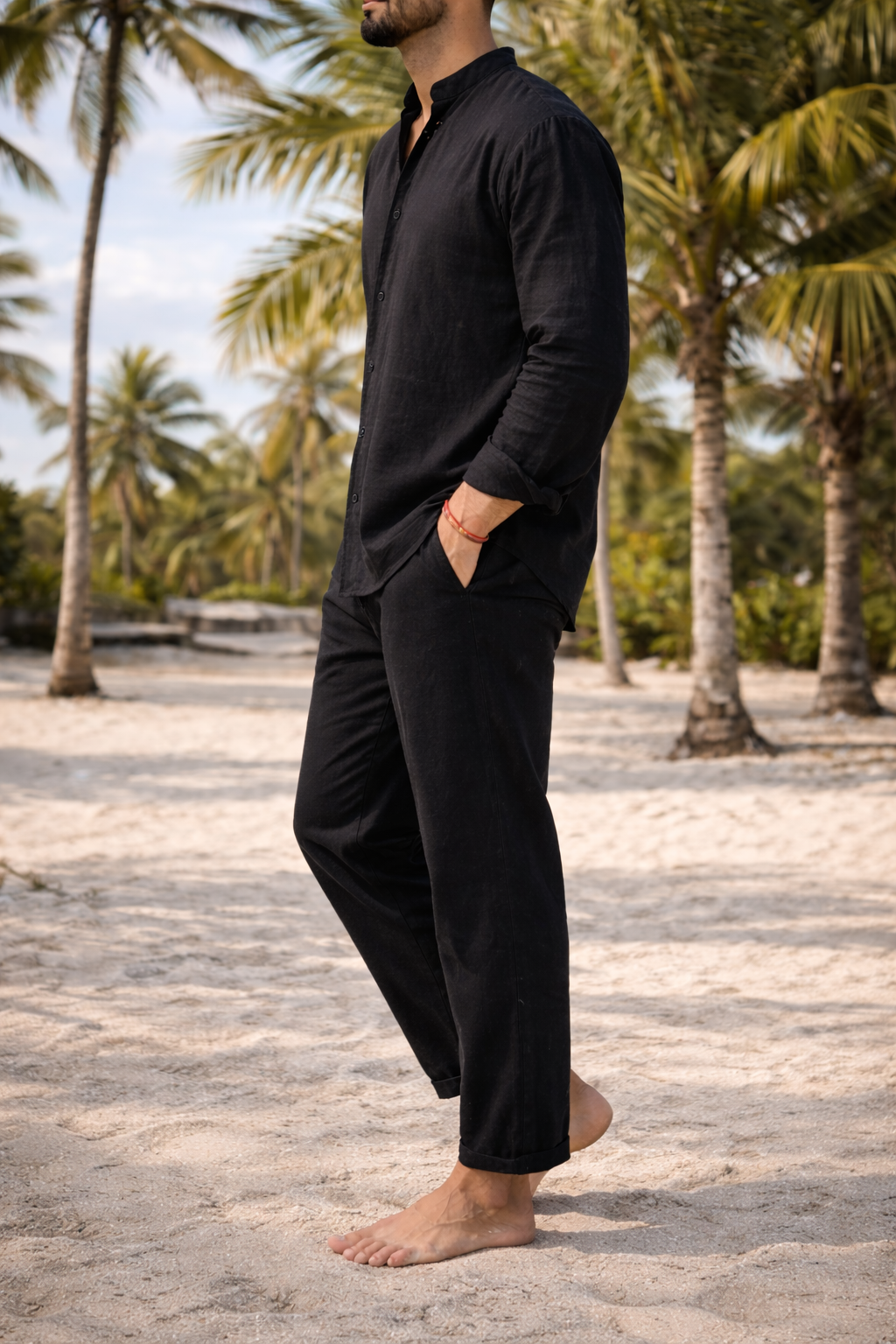 Men's Linen Two Piece Set | Collarless Shirt & Straight Leg Trousers | Smart Casual Co-Ord | Steven & Levon