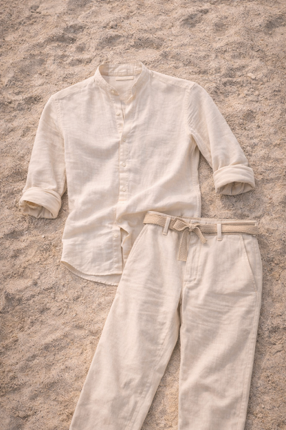Men's Linen Two Piece Set | Collarless Shirt & Straight Leg Trousers | Smart Casual Co-Ord | Steven & Levon