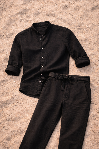 Men's Linen Two Piece Set | Collarless Shirt & Straight Leg Trousers | Smart Casual Co-Ord | Steven & Levon