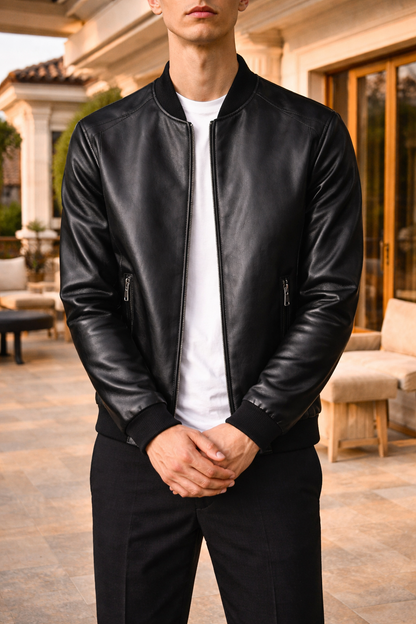 Men's Leather Bomber Jacket | Genuine Leather | Zip Front, Ribbed Trim Casual Outerwear | Steven & Levon