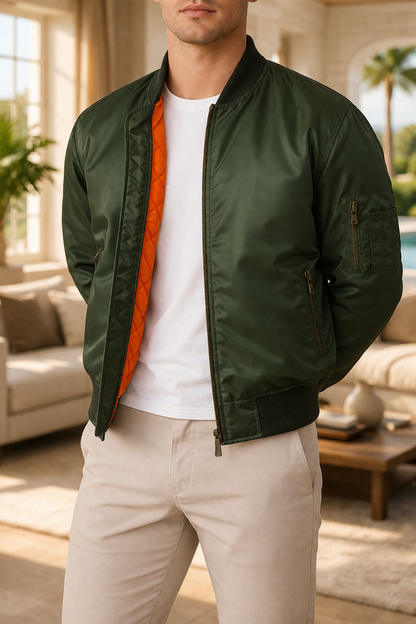 Men's Bomber Jacket | Men's Zip Front Quilted Lining Casual Bomber Jacket | Lightweight Outerwear | Steven & Levon