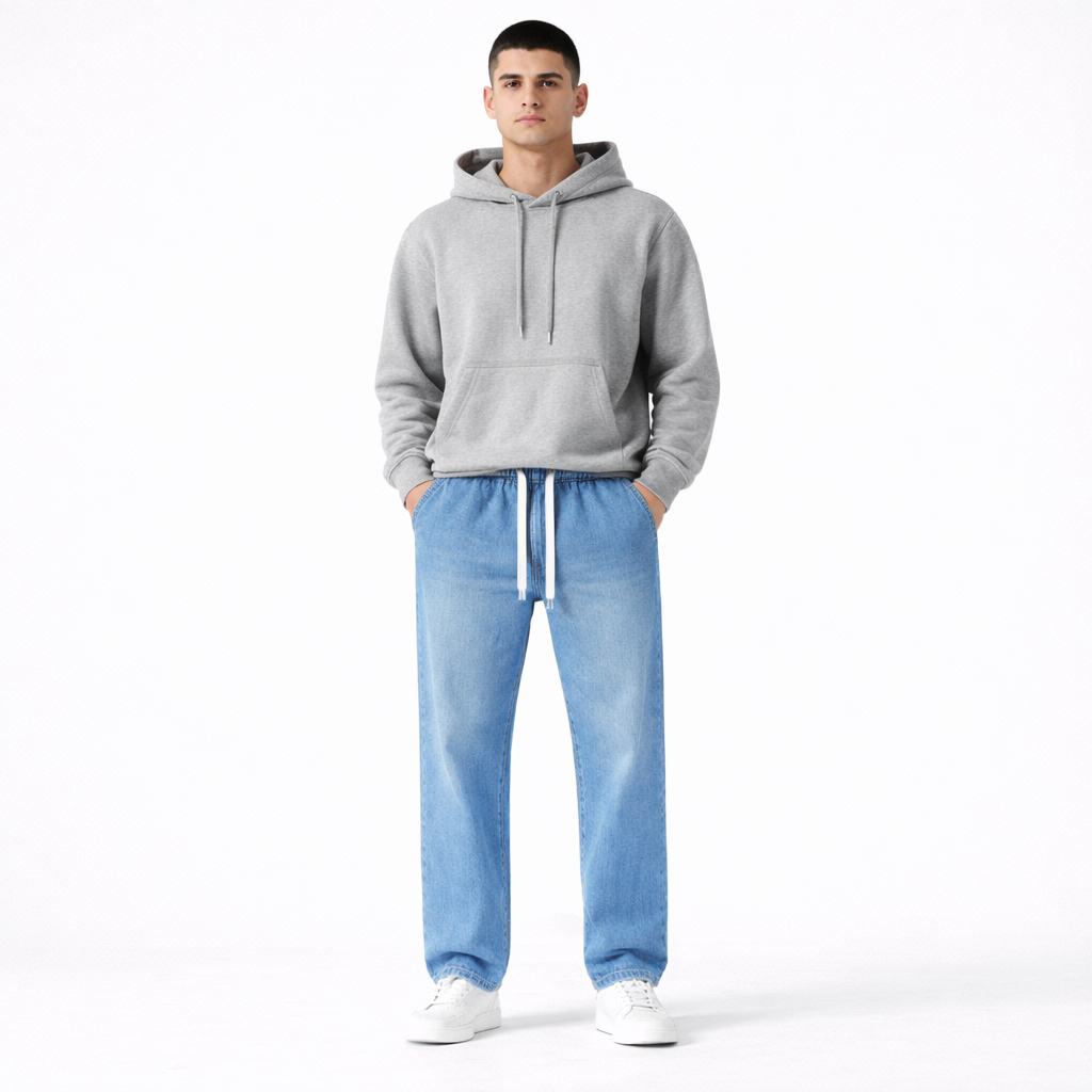 Driftway - Loose Straight Leg Drawstring Jeans  Everyday Casual Wear