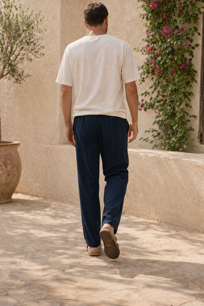 Men's Striped Linen Trousers | Linen Blend | Drawstring Waist & Relaxed Fit | Steven & Levon